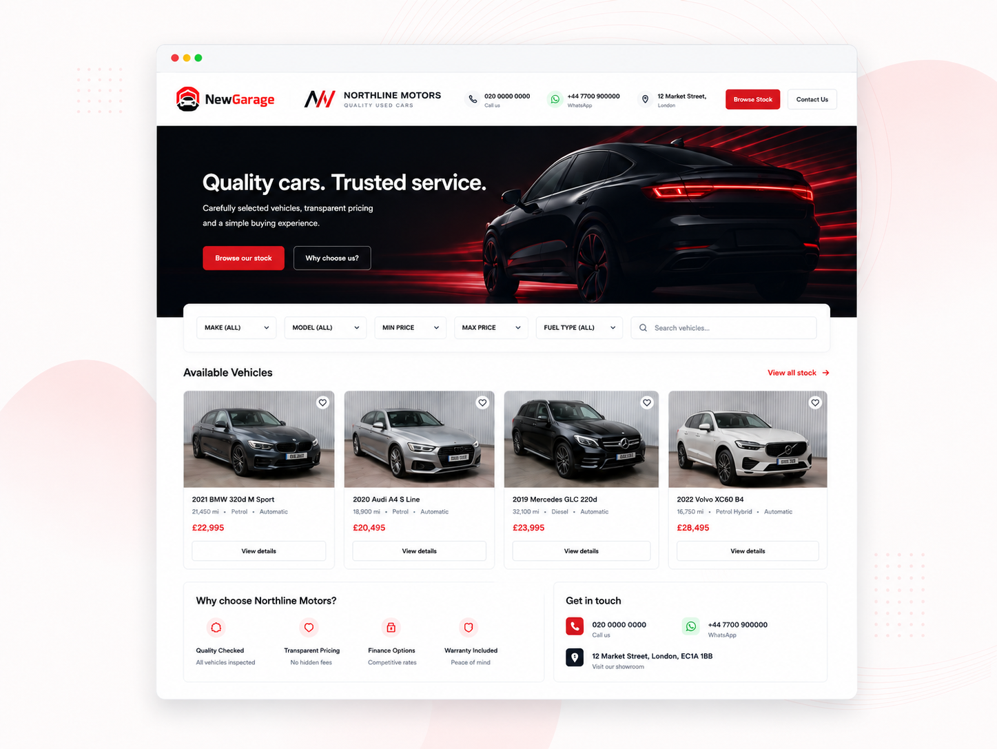 Preview of a dealership website built with NewGarage